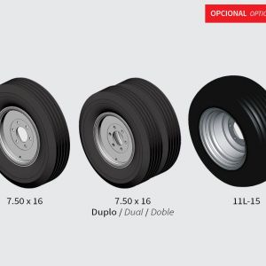 Standard: Single ground wheel with tyre 7.50x16. Optionals: Dual ground wheel 7.50x16 / Tyre 11L-15 for single ground wheel. 