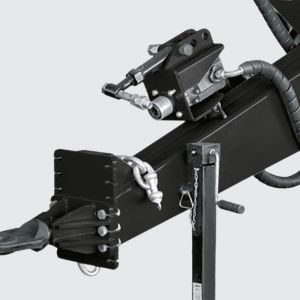 Header with swivel coupler and 3 adjustment points transfer the weight to the chassis. Safety chain.